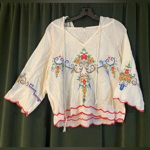 Free People Ivory Embroidered Hooded Peasant Top with Red Trim